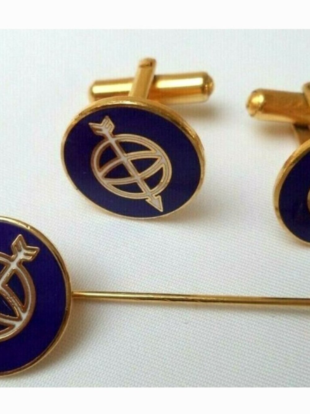Cufflinks & Stick Pin Set by Insignia Navy Blue Enamel, Gold Plate Globe & Arrow